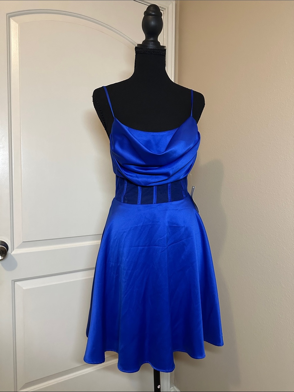 Royal Blue Satin Mini Dress with Cowl Neckline